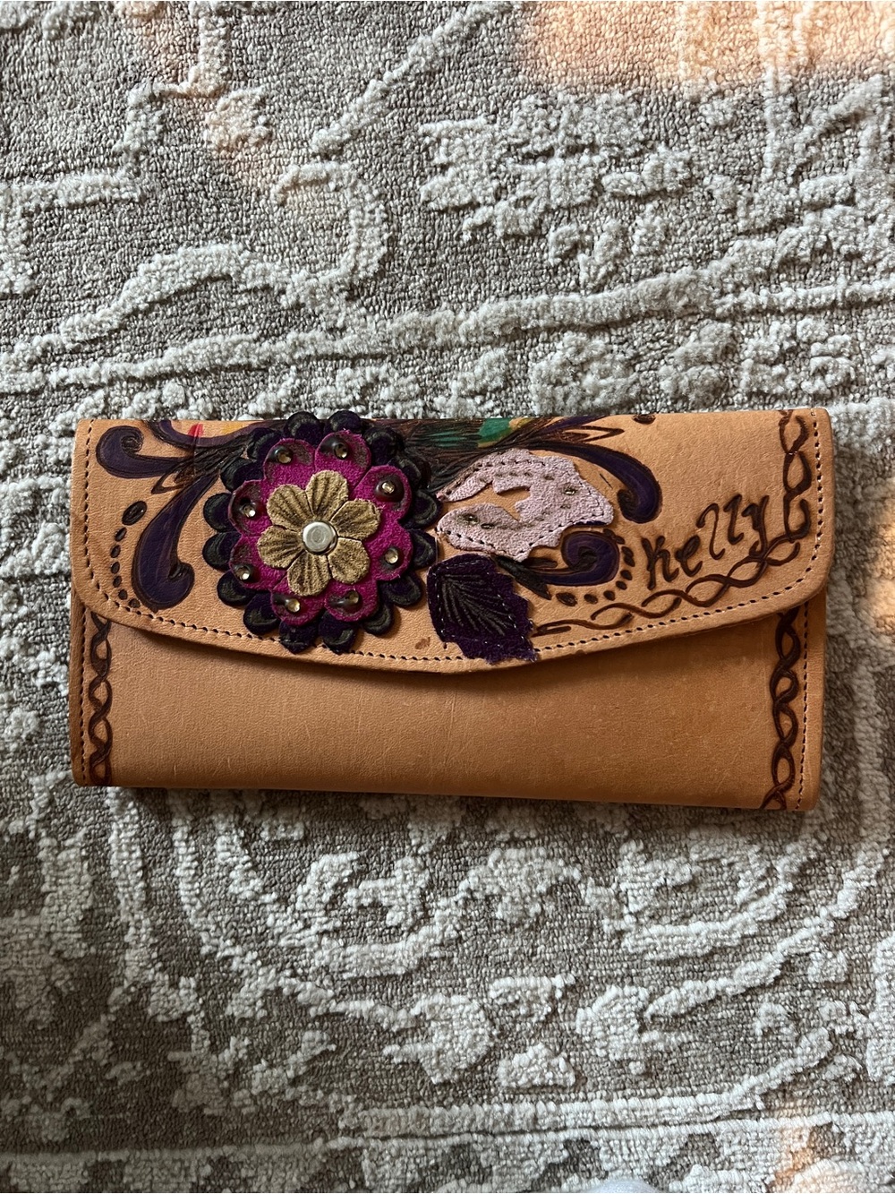 Hand-Painted Tan Leather Floral Wallet -
